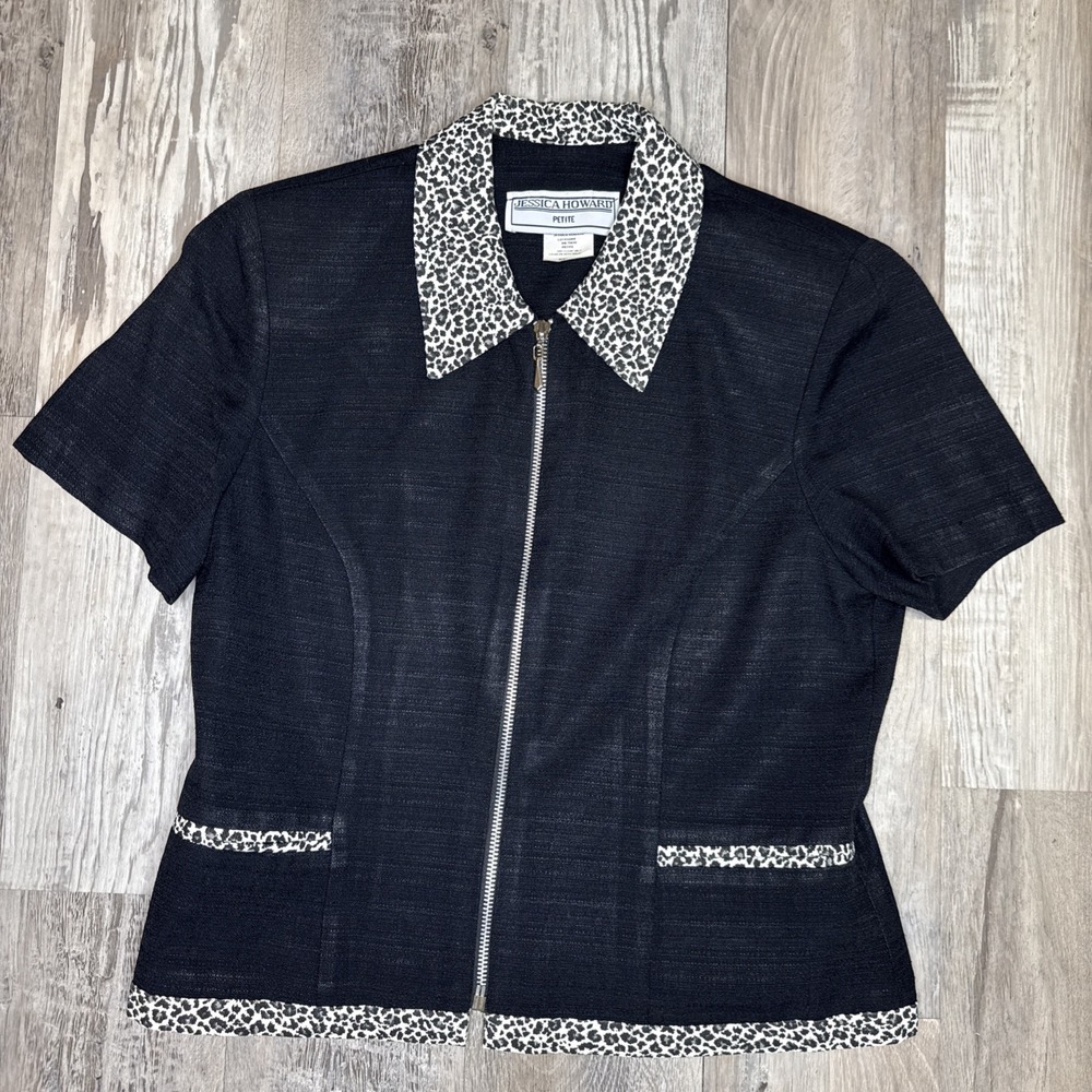 Vtg JESSICA HOWARD Crop 10 Full Zip Animal Print‎ Sexy Secretary Blazer Blouse